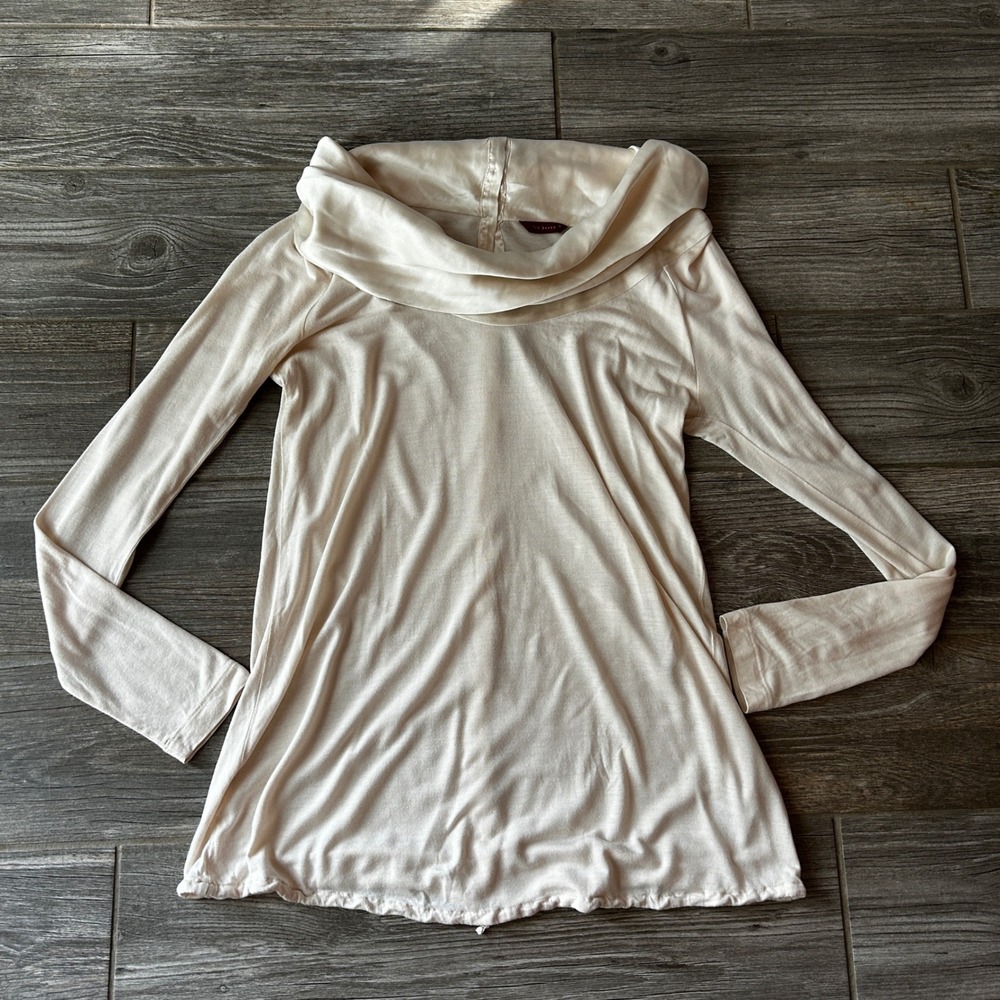 Ted Baker Silky Cream Cowl Neck Long Sleeve Minimalist Elegance Tunic Top Size 2